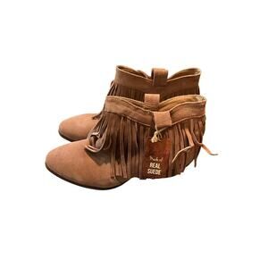 Restricted Suede Leather Fringe Ankle Booties Pull-On Almond Toe Brown Sz 9 NEW